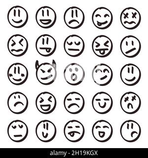 Doodle smile face set. Hand drawn cute emotion for chat. Vector circle outline expression Stock Vector