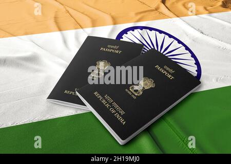 India passport on the Indian flag, Indian citizenship, Asian countries Stock Photo