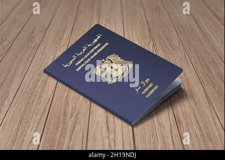 Syrian passport on a dark wooden board, top view Stock Photo