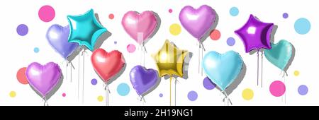 Colorful air foil balloons, isolated on white background. Love holiday celebration concept. Minimal party background. Stock Photo
