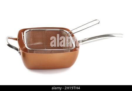 copper deep frying pan on white background Stock Photo