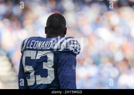 Indianapolis Colts outside linebacker Darius Leonard (53) pushes away New  England Patriots wide receiver Jakobi Meyers after intercepting a pass  during the first half of an NFL football game Saturday, Dec. 18