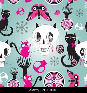 Seamless Bright Halloween Pattern with skull and cats Stock Vector