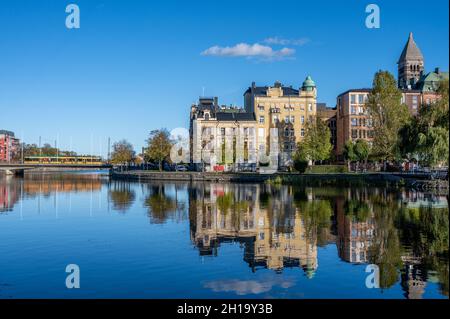 Norrkoping city and Motala river at Refvens grund on a sunny autumn day in October 2021. Norrkoping is a historic town in Sweden Stock Photo