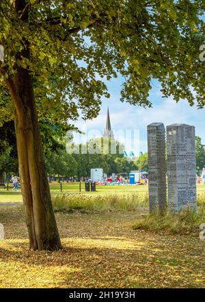 Rules Of Football monument in Parker's Piece, Cambridge, England. Stock Photo