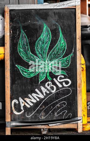 Cannabis blackboard sign in front of store - Marijuana legalisation in Canada on October 17, 2018. It is now legal to smoke and buy weed in shops Stock Photo