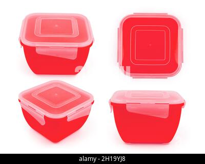 Square plastic lunch box red in four projections isolated on white background Stock Photo