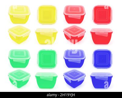 Square plastic food container in yellow, blue, green and red colors in different projections isolated on white background Stock Photo