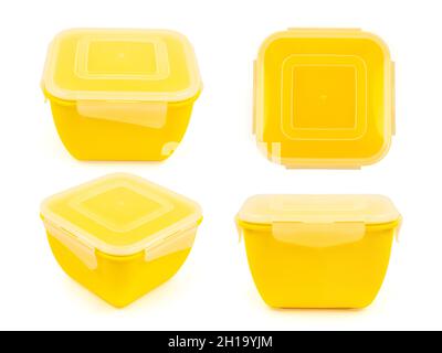 Square yellow plastic lunch box in four projections isolated on white background Stock Photo