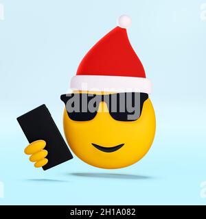 3D illustration cool Christmas emoji taking selfie on phone, holidays festive fun. 3D Render. Stock Photo