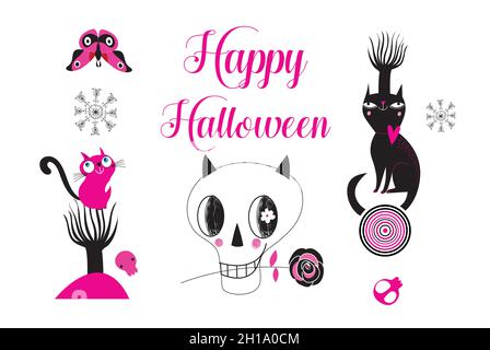 Bright Halloween greeting card with a skull and cats Stock Vector