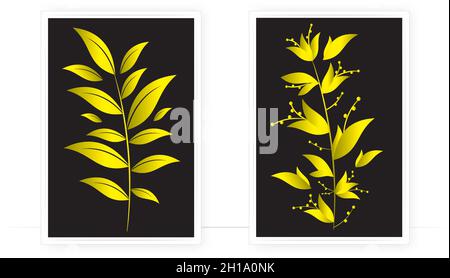 Golden plant silhouette isolated on black background, vector. Minimalist poster design in two pieces. Wall art, artwork. Golden flower illustration Stock Vector