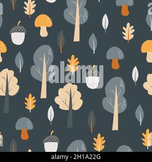 Seamless pattern - Vector illustration of hand drawn forest nature objects on dark grey. Autumn forest Stock Vector