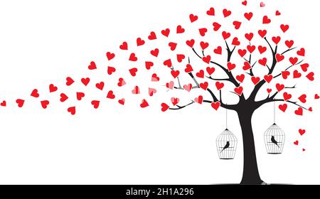 Tree wind leaves i shape of red hearts and bird cage silhouettes, vector. Wall decals, wall décor. Wall Art design isolated on white background. Autum Stock Vector