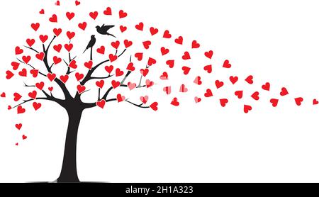 Tree wind leaves i shape of red hearts and flying birds silhouettes, vector. Wall decals, wall décor. Wall Art design isolated on white background. Au Stock Vector