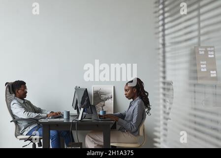 Wide angle minimal portrait of two African-American young people using computers while working in office on software development, copy space Stock Photo