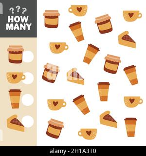 How many objects task. Educational math game for preschool children. Counting game for kids. Kids activity page. Jar of jam, tea, coffee and pie Stock Vector