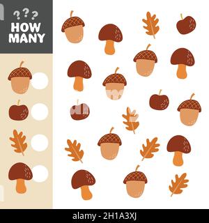 Counting Game for Preschool Children. Educational a mathematical game. How many objects task. Learning mathematics - autumn theme. Stock Vector