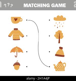 Children educational game. Match elements. Autumn theme. Vector matching game. Stock Vector