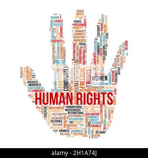 Human rights word cloud concept with hand symbol. Stock Vector