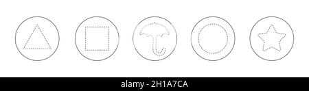 Outline dalgona sugar honeycombs, sponge candies, ppopgi or bbopki set. Traditional Korean snacks with dotted stamps in triangle, square, umbrella, circle, star shapes. Editable stroke. Stock Vector