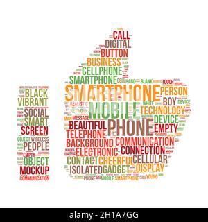 Smartphone word cloud concept with thumbs up symbol. Stock Vector