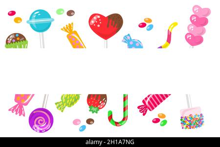 candy frame template sweets marshmallow hard candy on stick macaroon jelly worm chocolate heart strawberry decor for candys shop banner bonbon for cafe and restaurant menu vector illustration stock vector image art alamy