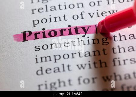 Fake Dictionary word, Dictionary definition of priority Stock Photo