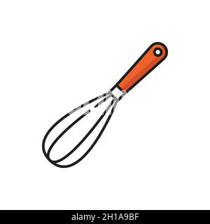 Metal whisk eggs beater mixer isolated color line icon. Vector stainless balloon whisk kitchenware equipment with red handle. Cooking utensil, egg bea Stock Vector