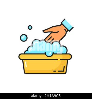 Hand wash sign isolated color line icon. Vector washbowl with foam bubbles, information emblem. Not machine washable symbol, washing at 30 degrees onl Stock Vector