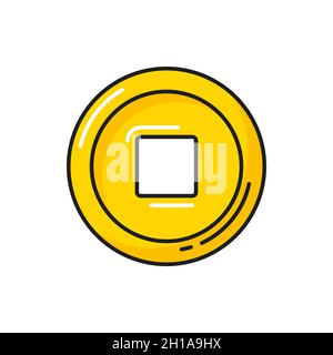 Ancient chinese coin with square hall isolate icon. Vector oriental coin with aperture on middle, fortune circle, round coin of luck. Symbol of prospe Stock Vector