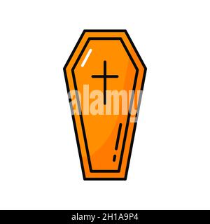 Funeral closed coffin burial box isolated color line icon. Vector Halloween symbol, last bed, wooden box, burial closed case with dead. Long narrow ca Stock Vector