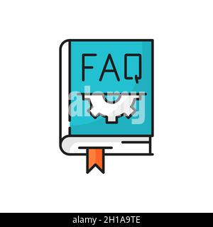 FAQ question book, gear and bookmark isolated icon. Vector closed help book with frequently asked questions and cogs settings mechanisms. Interrogatio Stock Vector