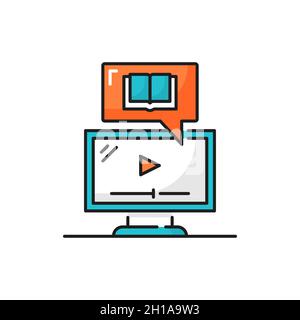 Online education, encyclopedia on computer display isolated color line icon. Vector encyclopedia on computer display. instruction guide how to use cat Stock Vector