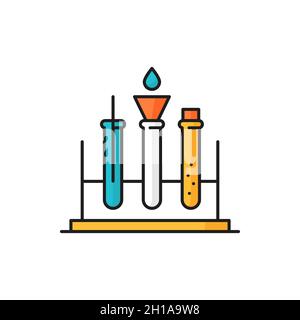 Scientific research laboratory flasks, genetics and physics, biochemistry chemistry isolated thin line icon. Vector test tubes on stand, laboratory be Stock Vector