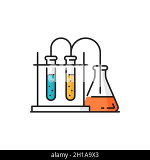 Scientific research flasks, genetics modifications isolated color line icon. Vector pharmacy and genetics equipment for scientific experiments in gene Stock Vector