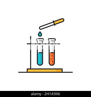 Lab glassware droplet and flask, gene engineering isolated line icon. Vector beakers stand, eyedropper with falling drop. Modified food, genetics, che Stock Vector