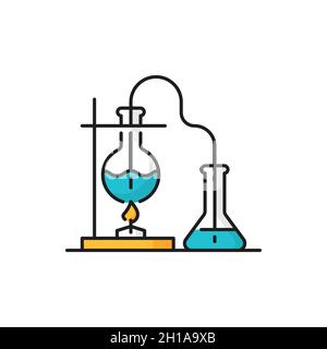 Scientific research flasks, genetics modifications, liquid in round bottom flask being heated over Bunsen burner isolated line icon. Vector laboratory Stock Vector