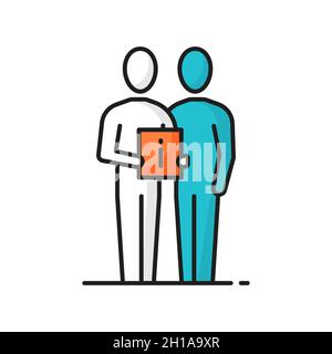Support center worker help assist client customer isolated color line icon. Vector person assistant with information board, communicating people. Priv Stock Vector