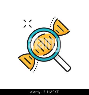 Genetics molecule magnification, magnifying glass isolated line icon. Vector chemistry research by loupe, genome exploration and discovery. Genetics m Stock Vector