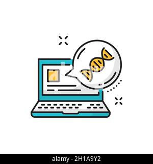 Computer screen with dna helix chromosome, laptop line icon. Vector monitor with chromosome, biochemistry and biotechnology evolution, genetics. Molec Stock Vector