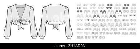 Set of cropped blouses, tops, shirts, tanks technical fashion illustration with fitted oversized body, scoop neck, short long sleeves. Flat apparel template front, back, grey color. Women, men unisex Stock Vector