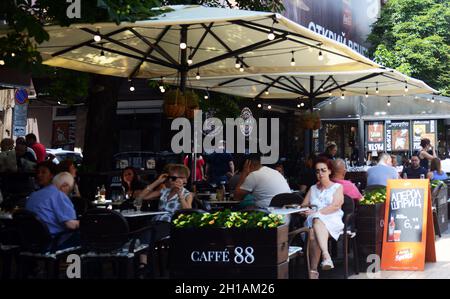 Vitosha Boulevard is a vibrant pedestrian street with many restaurants cafes and shops. Sofia, Bulgaria. Stock Photo