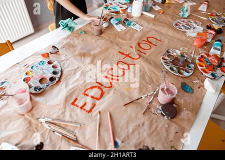 Composition set of supplies for drawing watercolors on the table Stock Photo