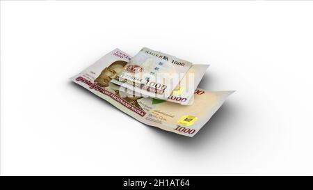 3D rendering of Double 1000 Nigerian naira notes with shadows Stock Photo