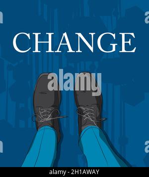 Comic book illustrated vector image of legs in boots on Change word. Feet shoes walking. Stock Vector