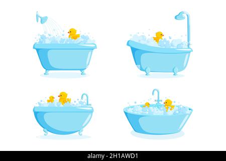 Bathtub with faucet and shower equipment. Set of different tubs with rubber ducks, bubbles and suds isolated on white background. Vector illustration Stock Vector