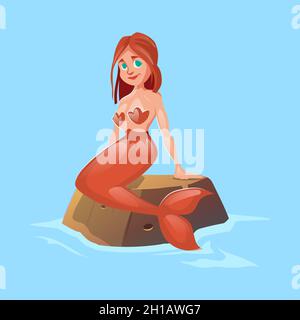 Beautiful mermaid girl sitting on stone in water. Vector cartoon illustration of adorable fantasy character, fairy tale woman with fish tail sitting on rock in sea or ocean Stock Vector