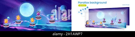 Space game level map with platforms, alien landscape, flying spaceship ...