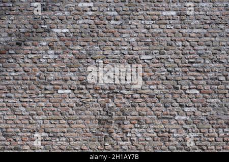 Old grunge brick stone wall made with baked rectangular and square bricks. Shadows of branches fall on the wall Stock Photo